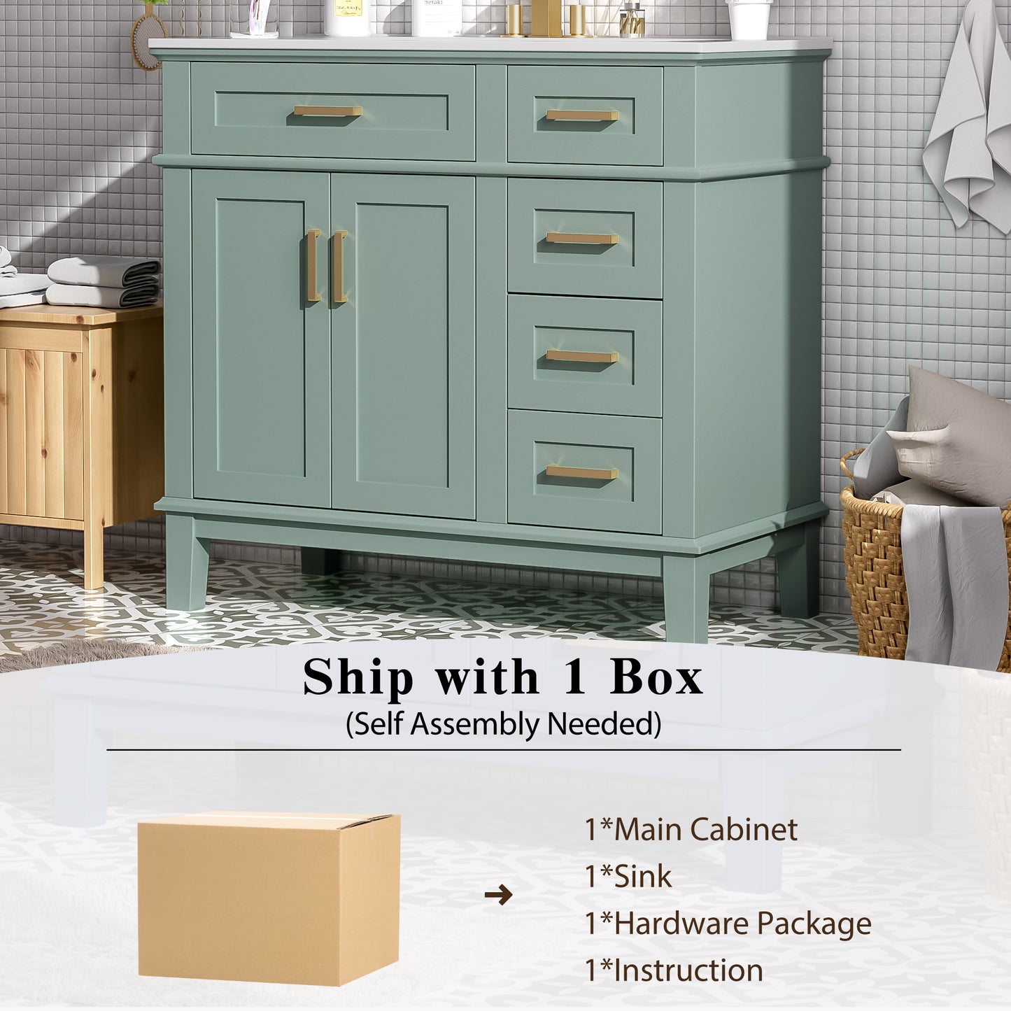VanityFus 36-in Light Green Bathroom Vanity Single Sink Combo with Ceramic White Top 2 Soft-Close Doors 4 drawer
