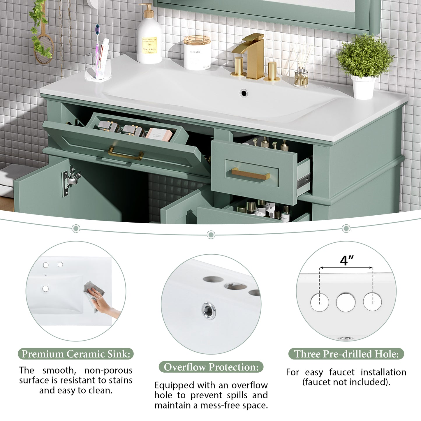 VanityFus 36-in Light Green Bathroom Vanity Single Sink Combo with Ceramic White Top 2 Soft-Close Doors 4 drawer