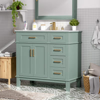 VanityFus 36-in Light Green Bathroom Vanity Single Sink Combo with Ceramic White Top 2 Soft-Close Doors 4 drawer