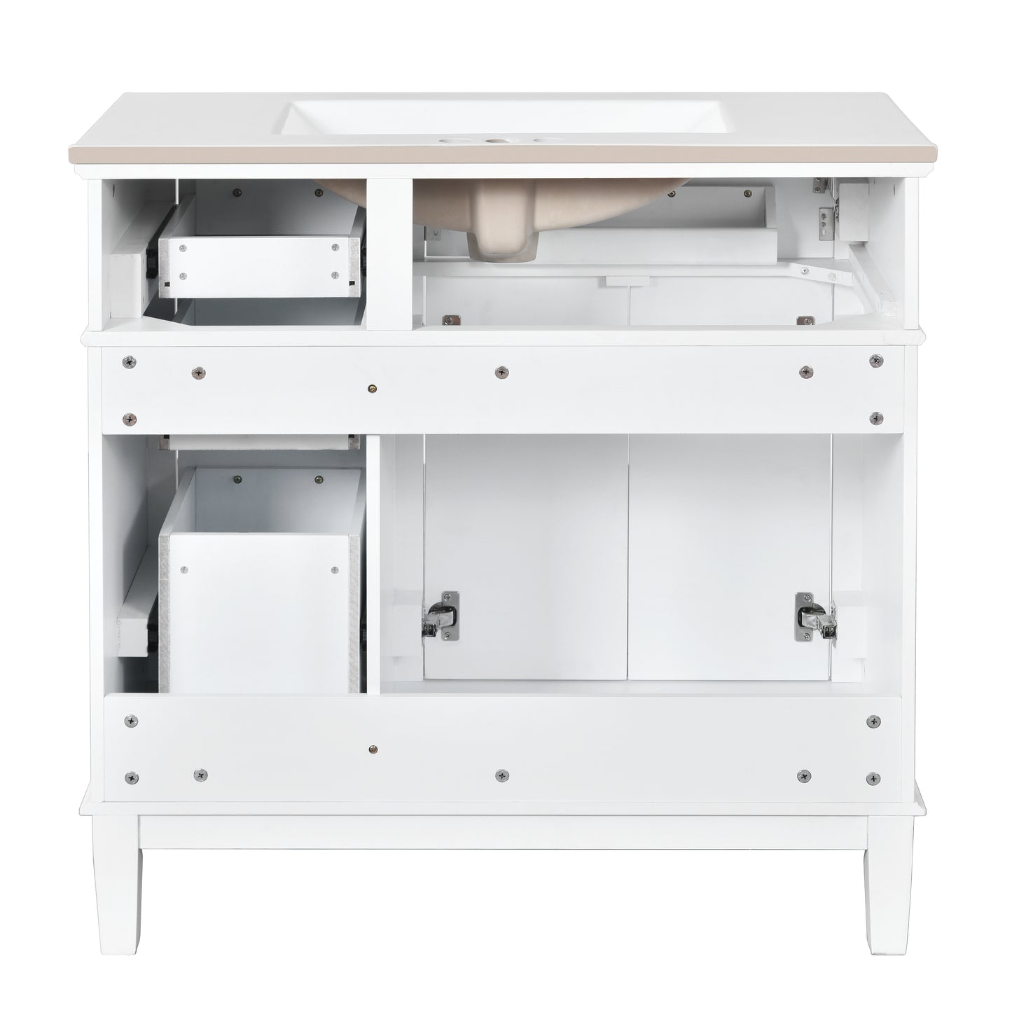 VanityFus 36-in White Bathroom Vanity Single Sink Combo Ceramic Top 2 Soft-Close Doors 5 Drawers