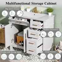 VanityFus 36-in White Bathroom Vanity Single Sink Combo Ceramic Top 2 Soft-Close Doors 5 Drawers