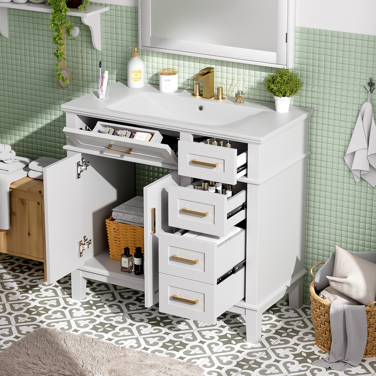 VanityFus 36-in White Bathroom Vanity Single Sink Combo Ceramic Top 2 Soft-Close Doors 5 Drawers