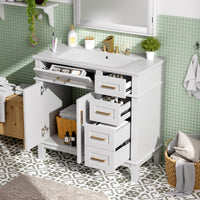 VanityFus 36-in White Bathroom Vanity Single Sink Combo Ceramic Top 2 Soft-Close Doors 5 Drawers