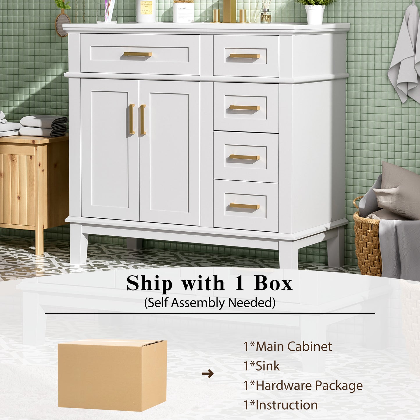 VanityFus 36-in White Bathroom Vanity Single Sink Combo Ceramic Top 2 Soft-Close Doors 5 Drawers