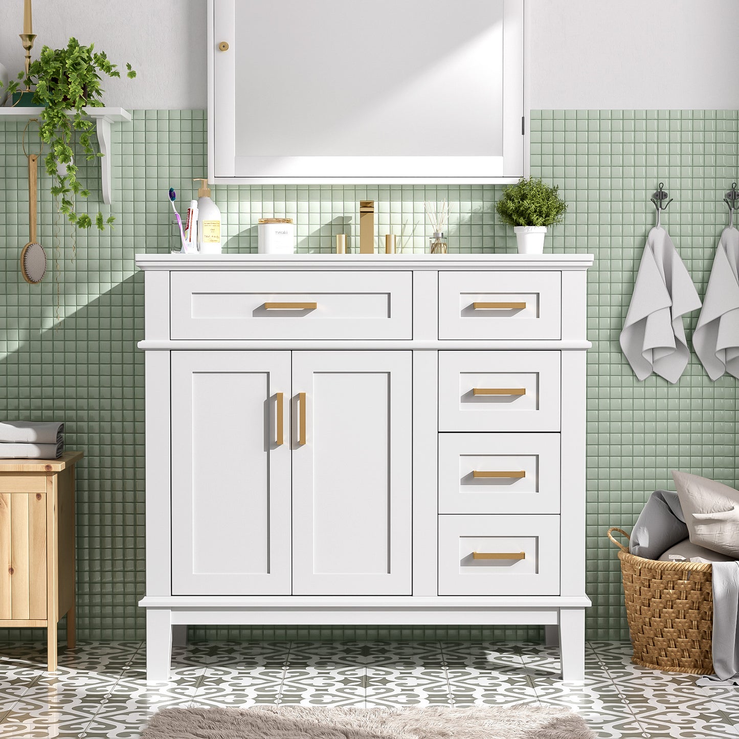 VanityFus 36-in White Bathroom Vanity Single Sink Combo Ceramic Top 2 Soft-Close Doors 5 Drawers