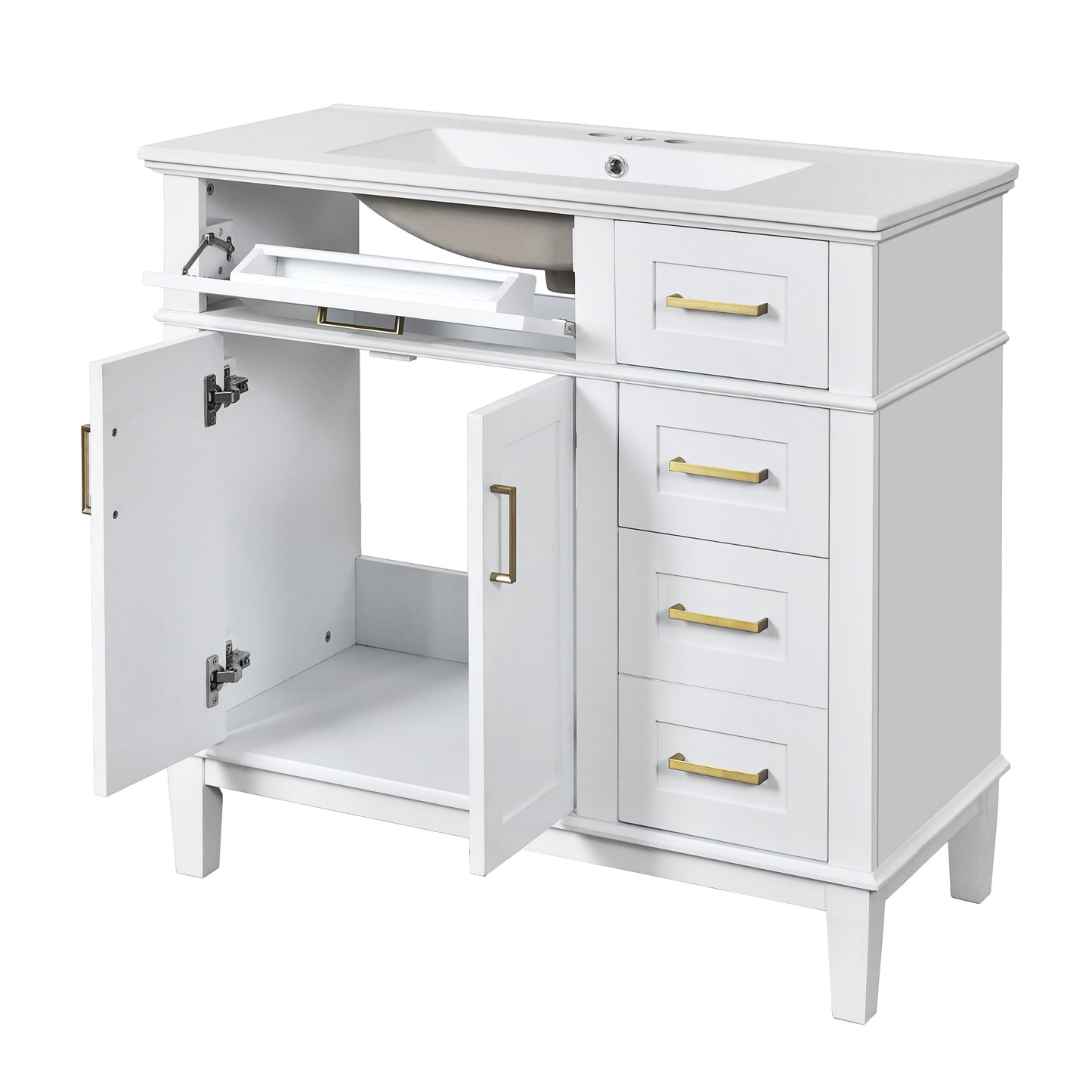 VanityFus 36-in White Bathroom Vanity Single Sink Combo Ceramic Top 2 Soft-Close Doors 5 Drawers