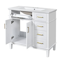 VanityFus 36-in White Bathroom Vanity Single Sink Combo Ceramic Top 2 Soft-Close Doors 5 Drawers