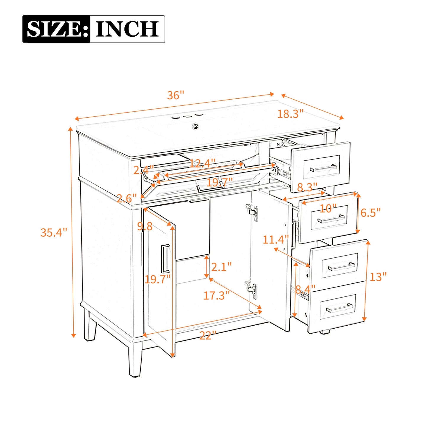 VanityFus 36-in White Bathroom Vanity Single Sink Combo Ceramic Top 2 Soft-Close Doors 5 Drawers