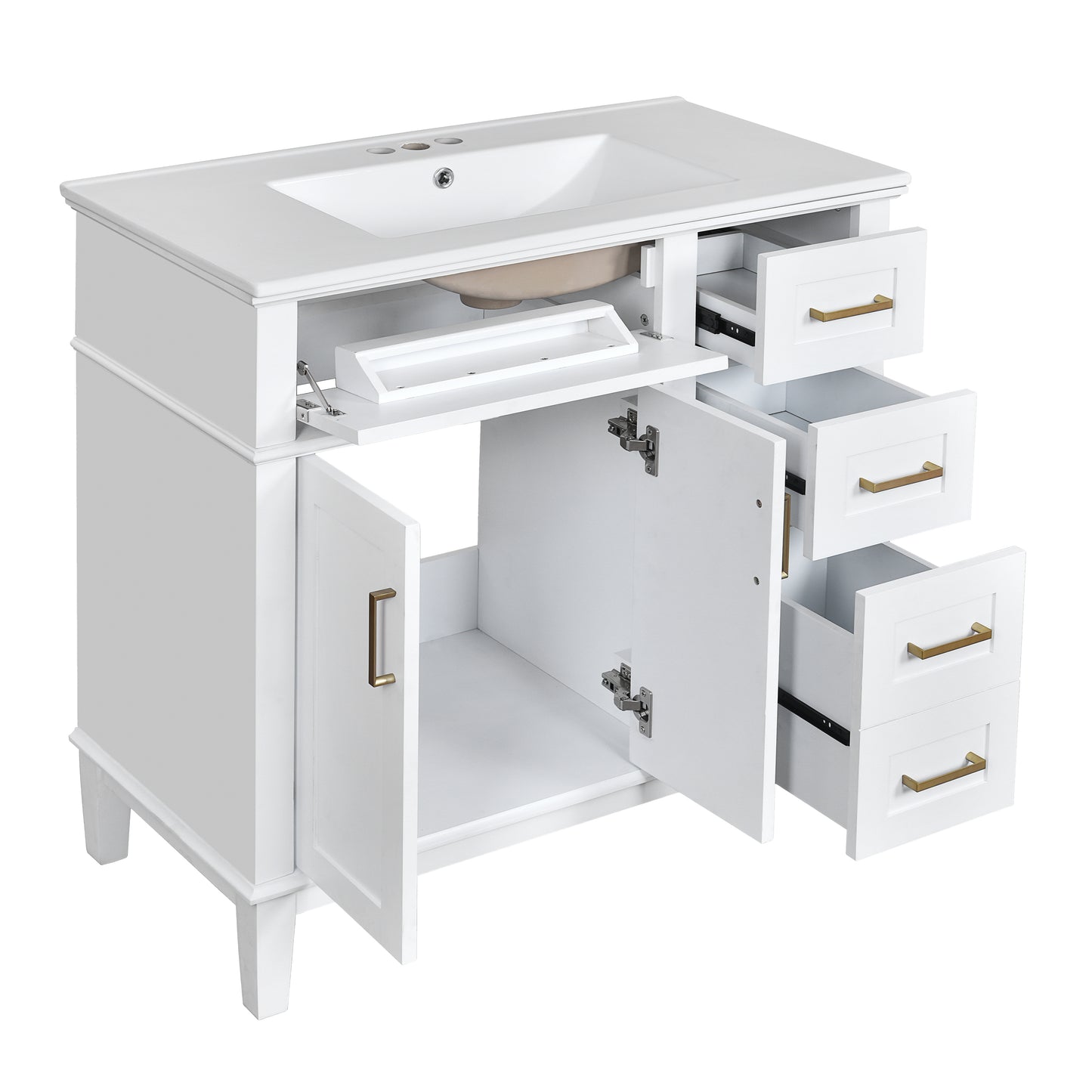 VanityFus 36-in White Bathroom Vanity Single Sink Combo Ceramic Top 2 Soft-Close Doors 5 Drawers