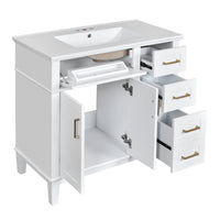VanityFus 36-in White Bathroom Vanity Single Sink Combo Ceramic Top 2 Soft-Close Doors 5 Drawers