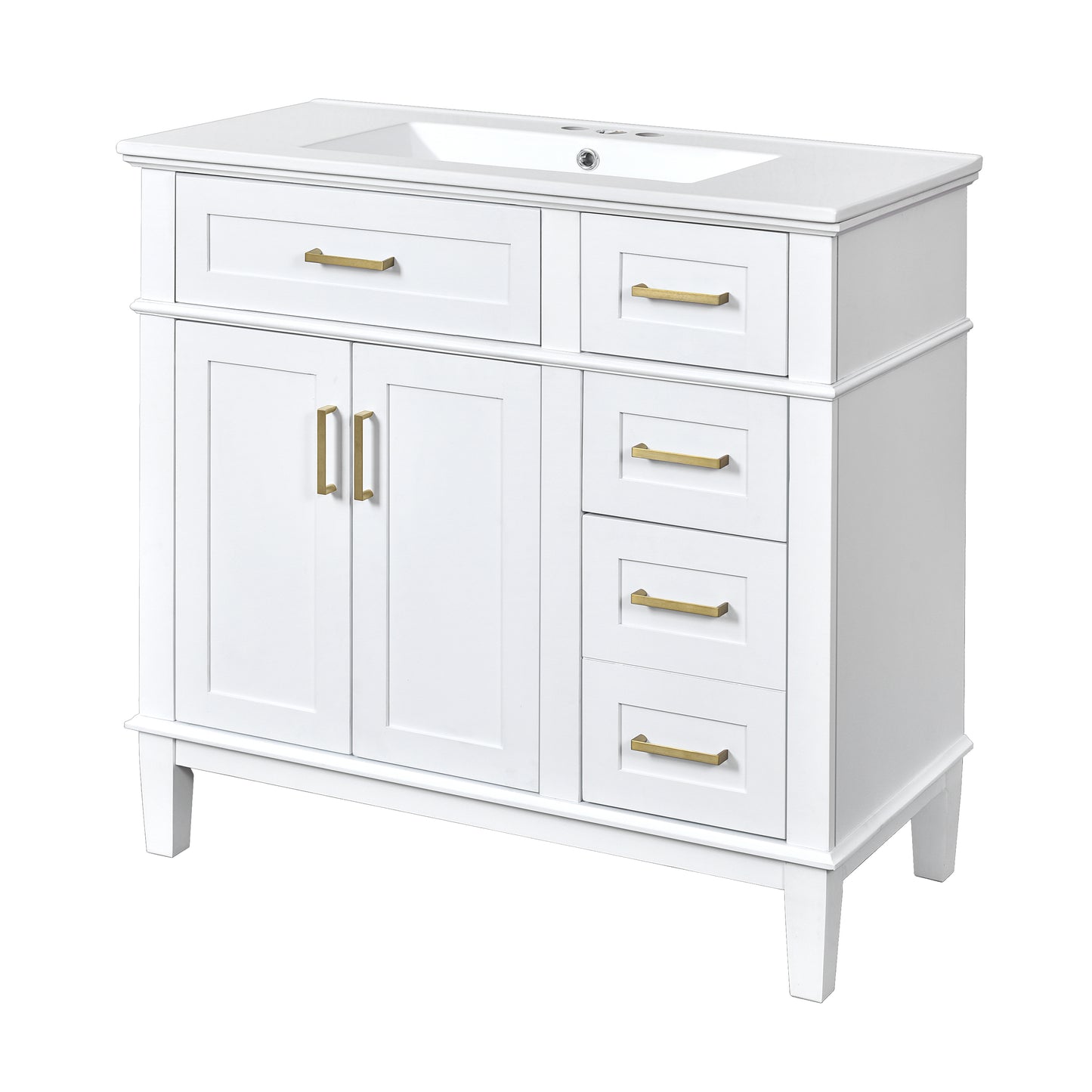 VanityFus 36-in White Bathroom Vanity Single Sink Combo Ceramic Top 2 Soft-Close Doors 5 Drawers