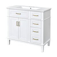 VanityFus 36-in White Bathroom Vanity Single Sink Combo Ceramic Top 2 Soft-Close Doors 5 Drawers