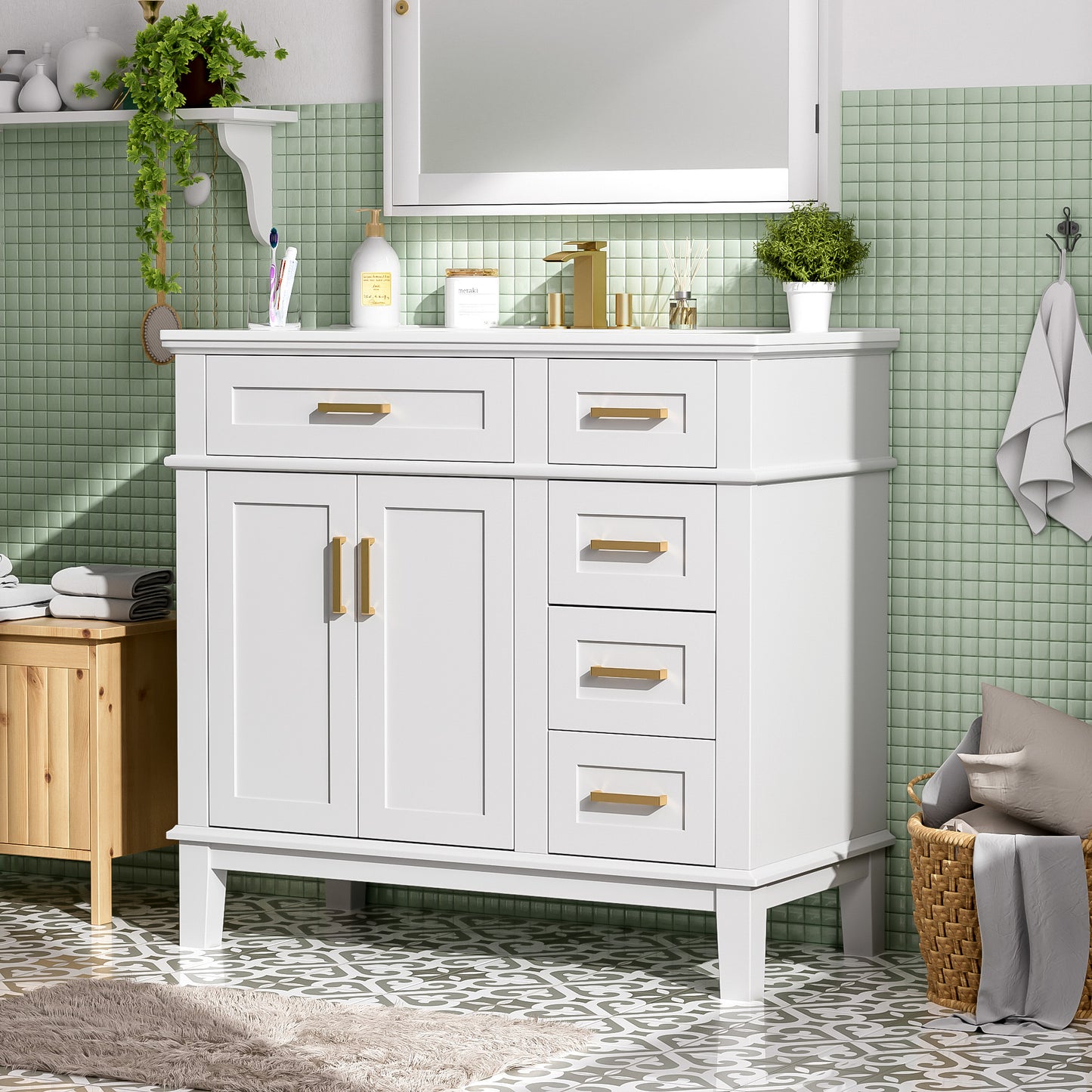 VanityFus 36-in White Bathroom Vanity Single Sink Combo Ceramic Top 2 Soft-Close Doors 5 Drawers
