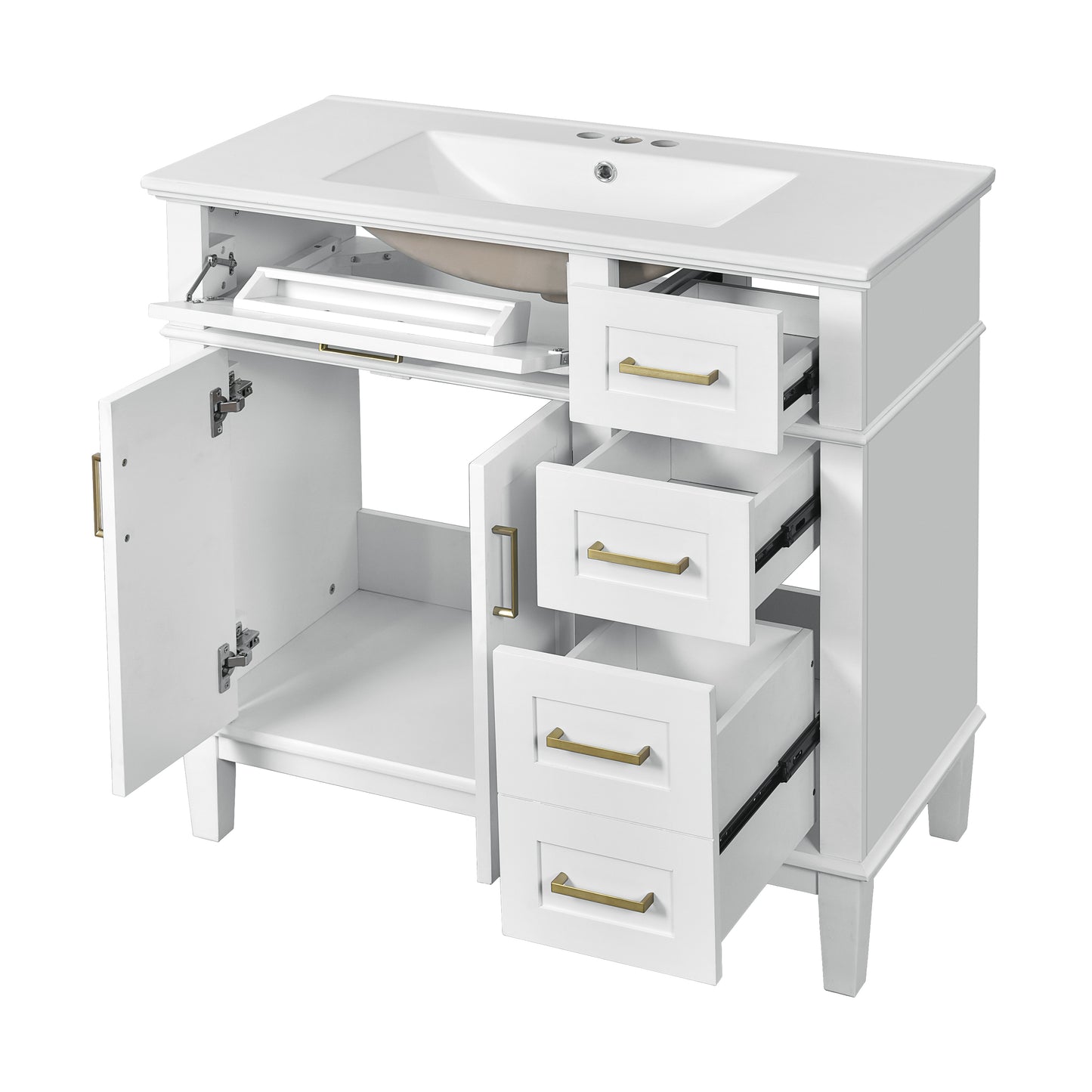 VanityFus 36-in White Bathroom Vanity Single Sink Combo Ceramic Top 2 Soft-Close Doors 5 Drawers
