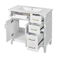 VanityFus 36-in White Bathroom Vanity Single Sink Combo Ceramic Top 2 Soft-Close Doors 5 Drawers