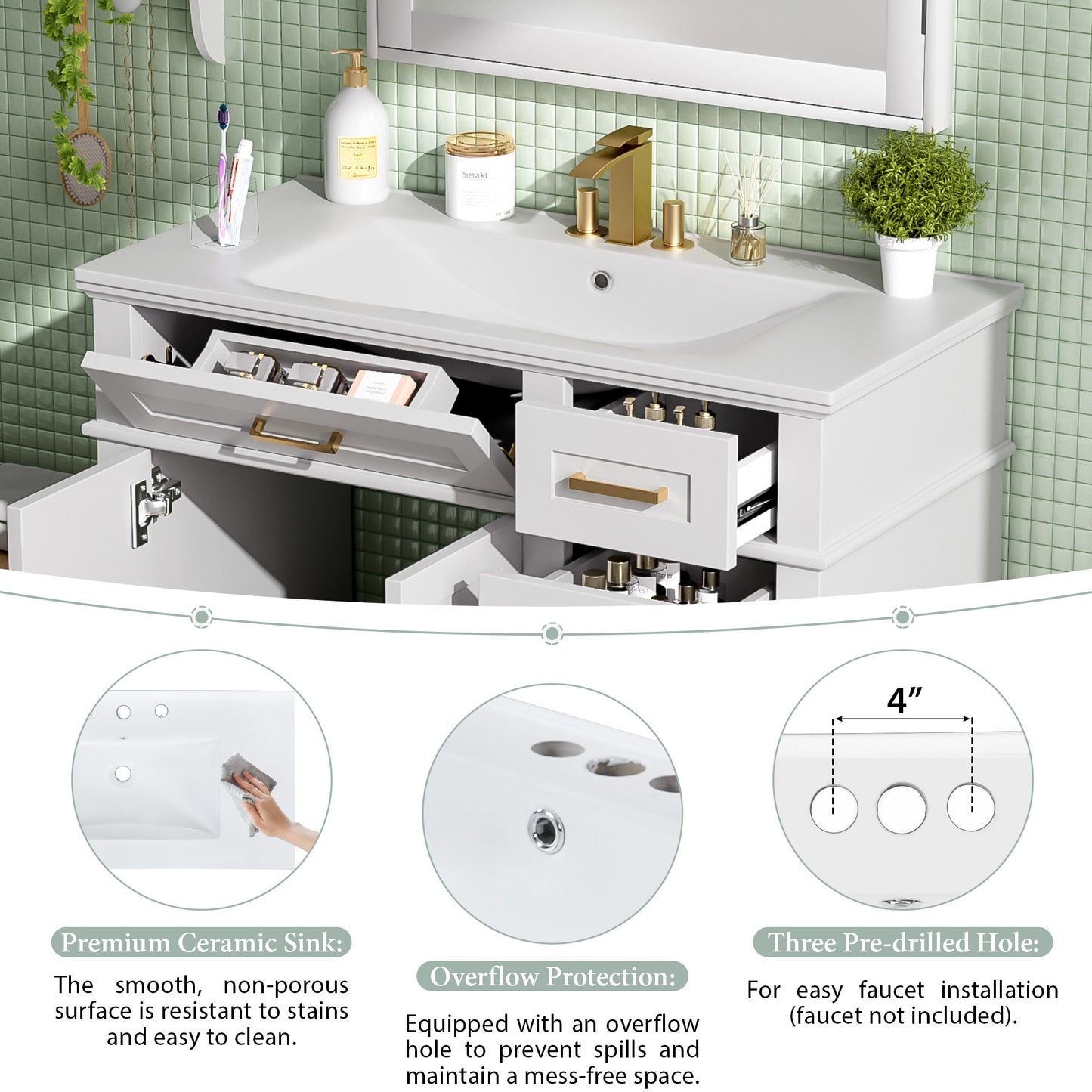 VanityFus 36-in White Bathroom Vanity Single Sink Combo Ceramic Top 2 Soft-Close Doors 5 Drawers