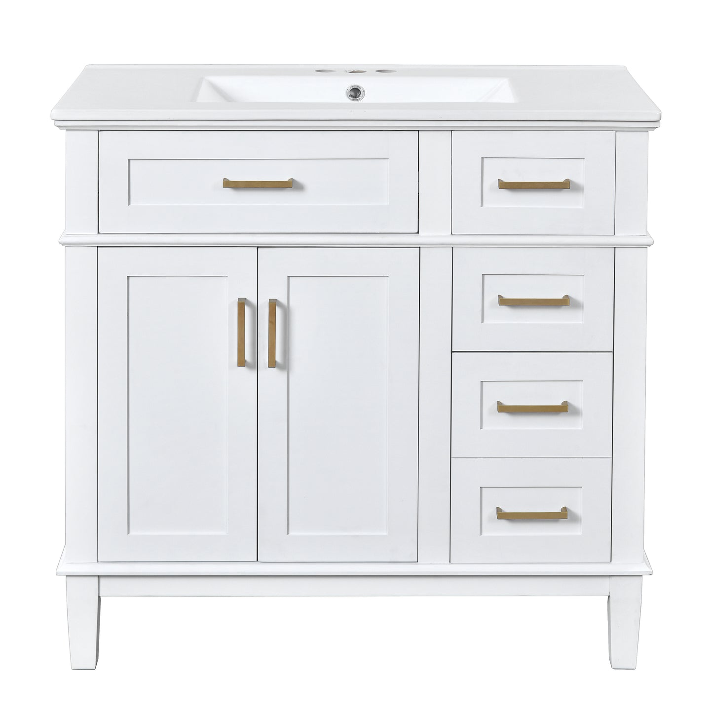 VanityFus 36-in White Bathroom Vanity Single Sink Combo Ceramic Top 2 Soft-Close Doors 5 Drawers