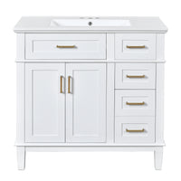 VanityFus 36-in White Bathroom Vanity Single Sink Combo Ceramic Top 2 Soft-Close Doors 5 Drawers