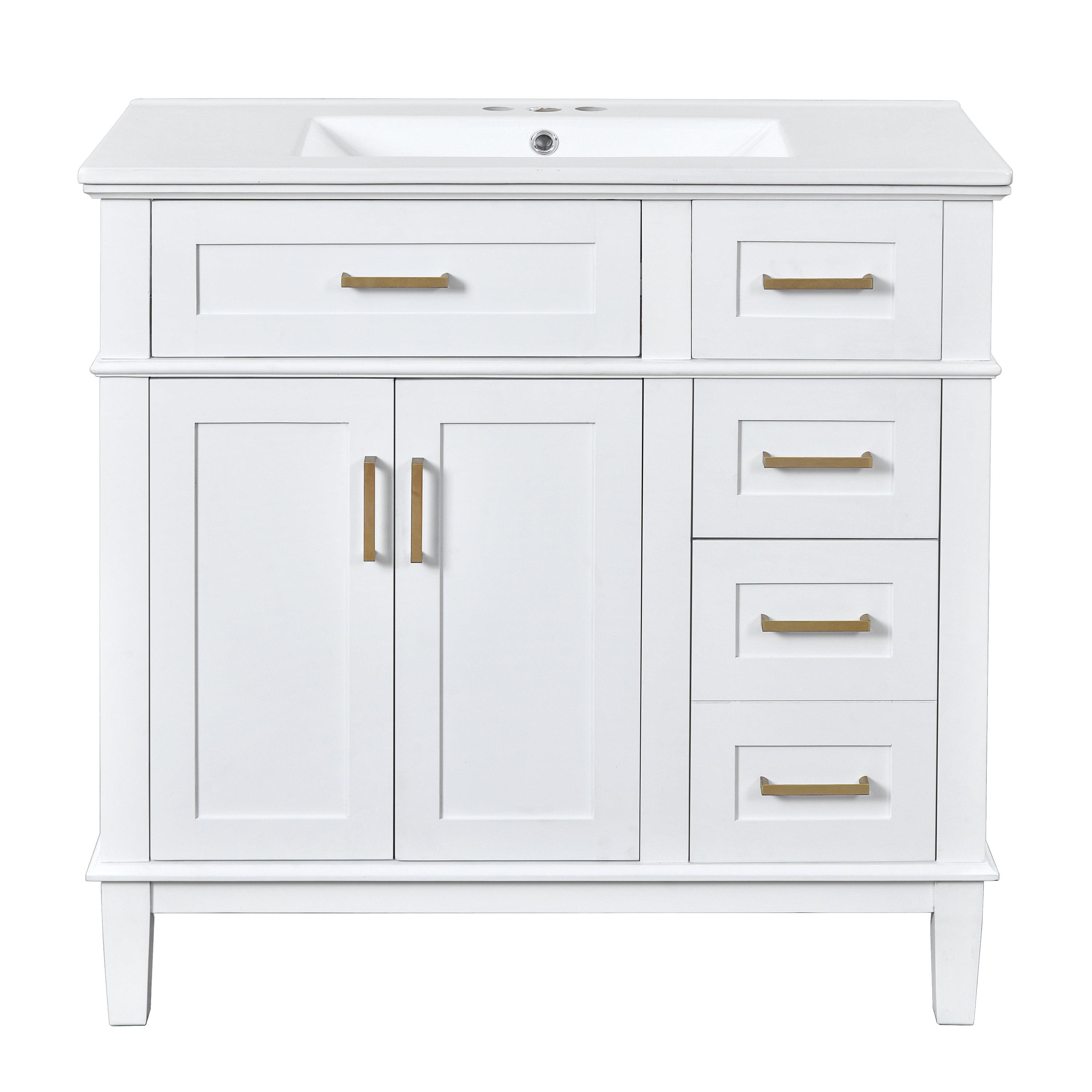 VanityFus 36-in White Bathroom Vanity Single Sink Combo Ceramic Top 2 Soft-Close Doors 5 Drawers