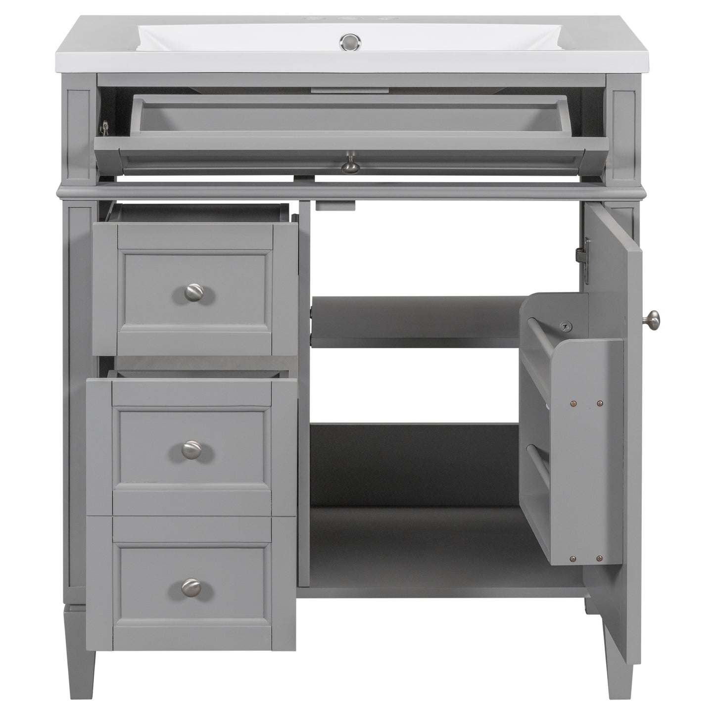 VanityFus 30-in Grey Single Sink Bathroom Vanity with Resin Top Undermount 1 Soft-Closing Door 3 Drawers Adjustable Shelves