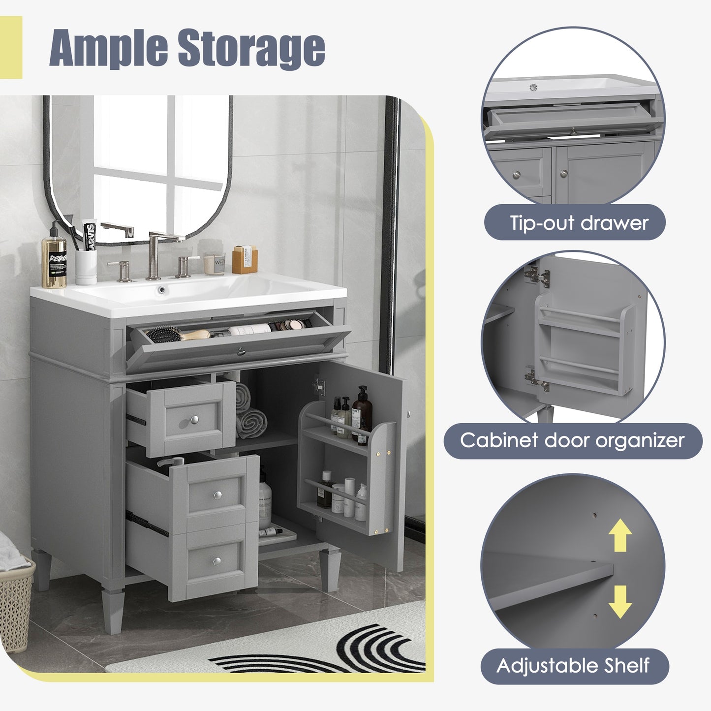 VanityFus 30-in Grey Single Sink Bathroom Vanity with Resin Top Undermount 1 Soft-Closing Door 3 Drawers Adjustable Shelves