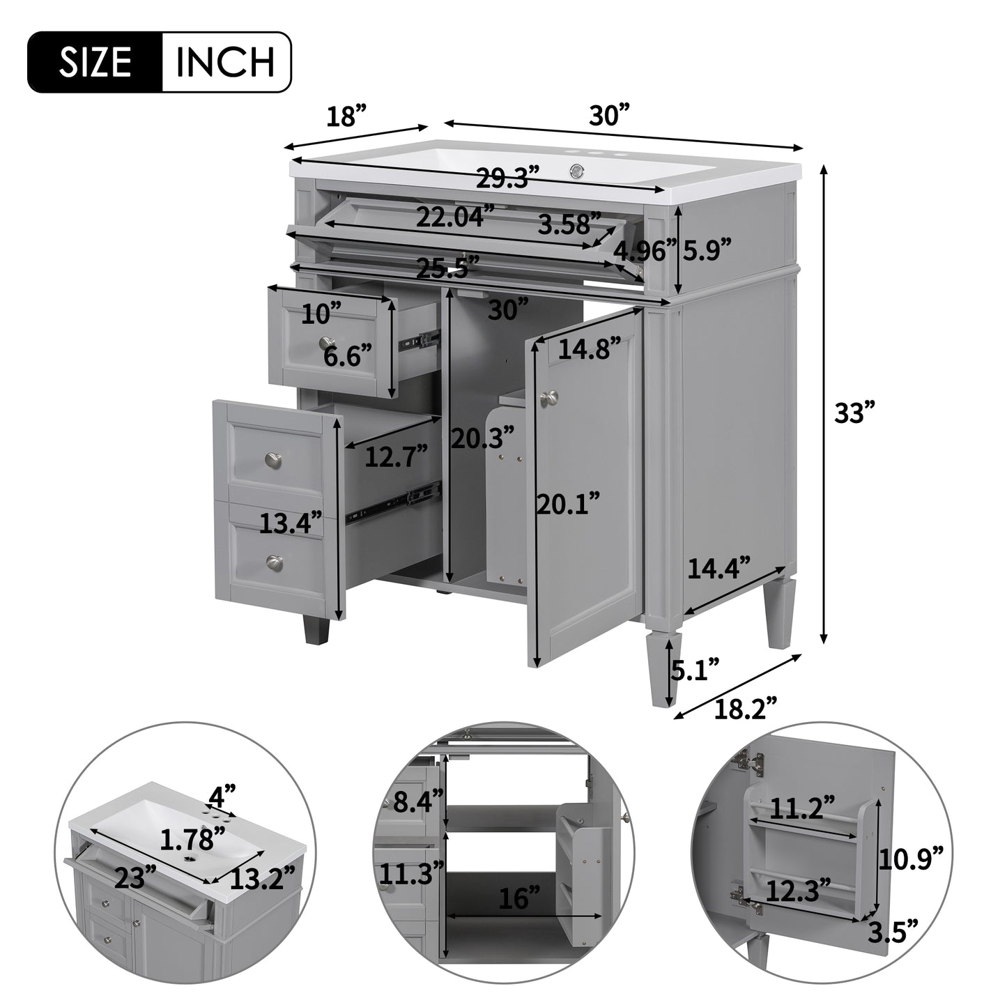 VanityFus 30-in Grey Single Sink Bathroom Vanity with Resin Top Undermount 1 Soft-Closing Door 3 Drawers Adjustable Shelves