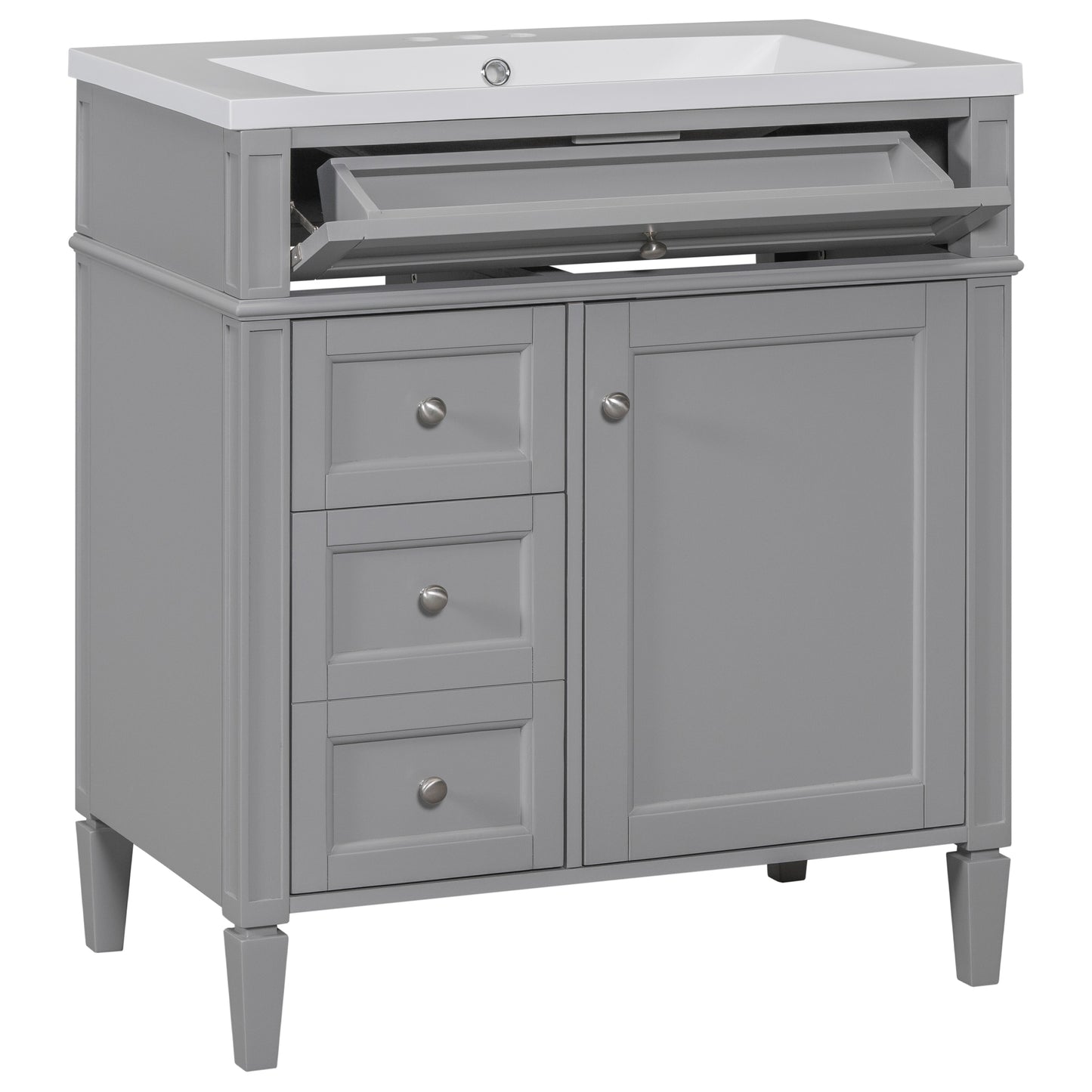 VanityFus 30-in Grey Single Sink Bathroom Vanity with Resin Top Undermount 1 Soft-Closing Door 3 Drawers Adjustable Shelves