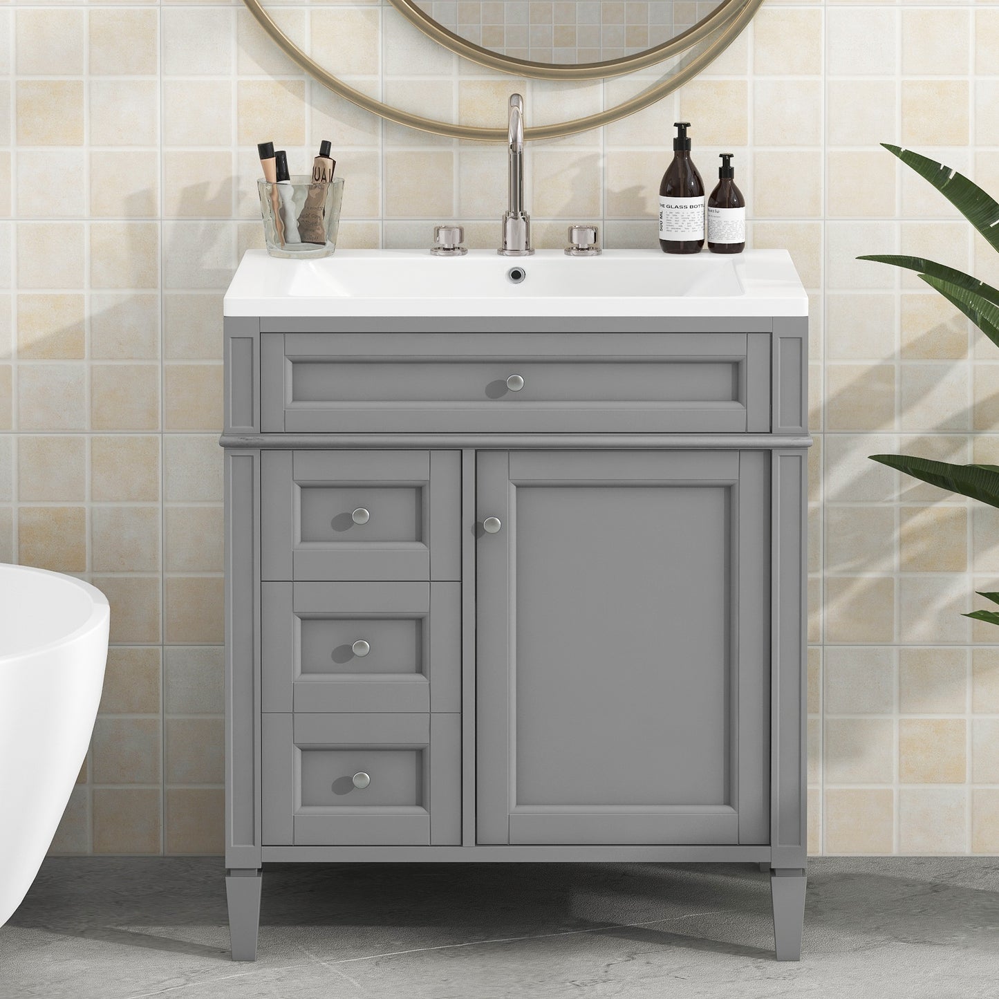 VanityFus 30-in Grey Single Sink Bathroom Vanity with Resin Top Undermount 1 Soft-Closing Door 3 Drawers Adjustable Shelves