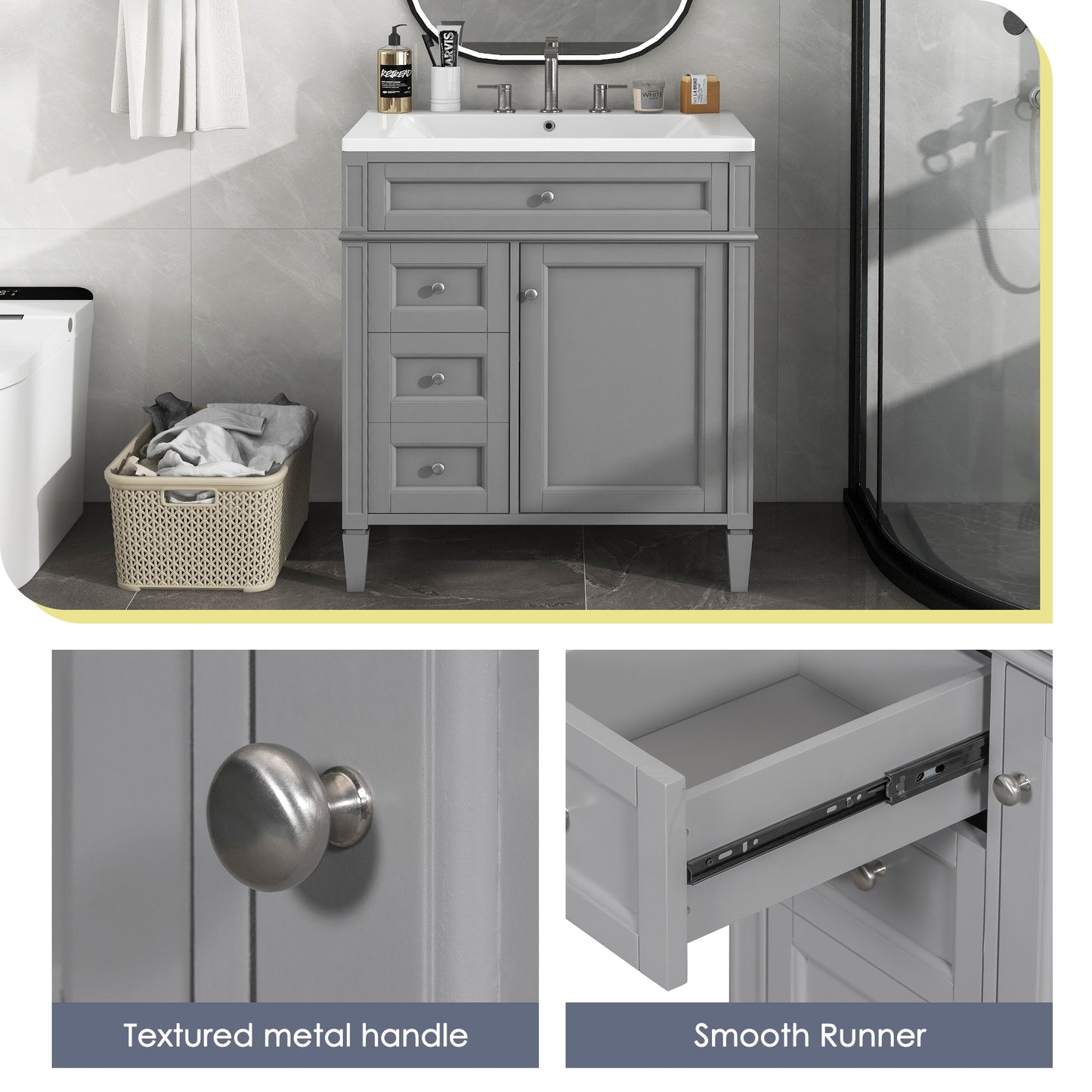 VanityFus 30-in Grey Single Sink Bathroom Vanity with Resin Top Undermount 1 Soft-Closing Door 3 Drawers Adjustable Shelves