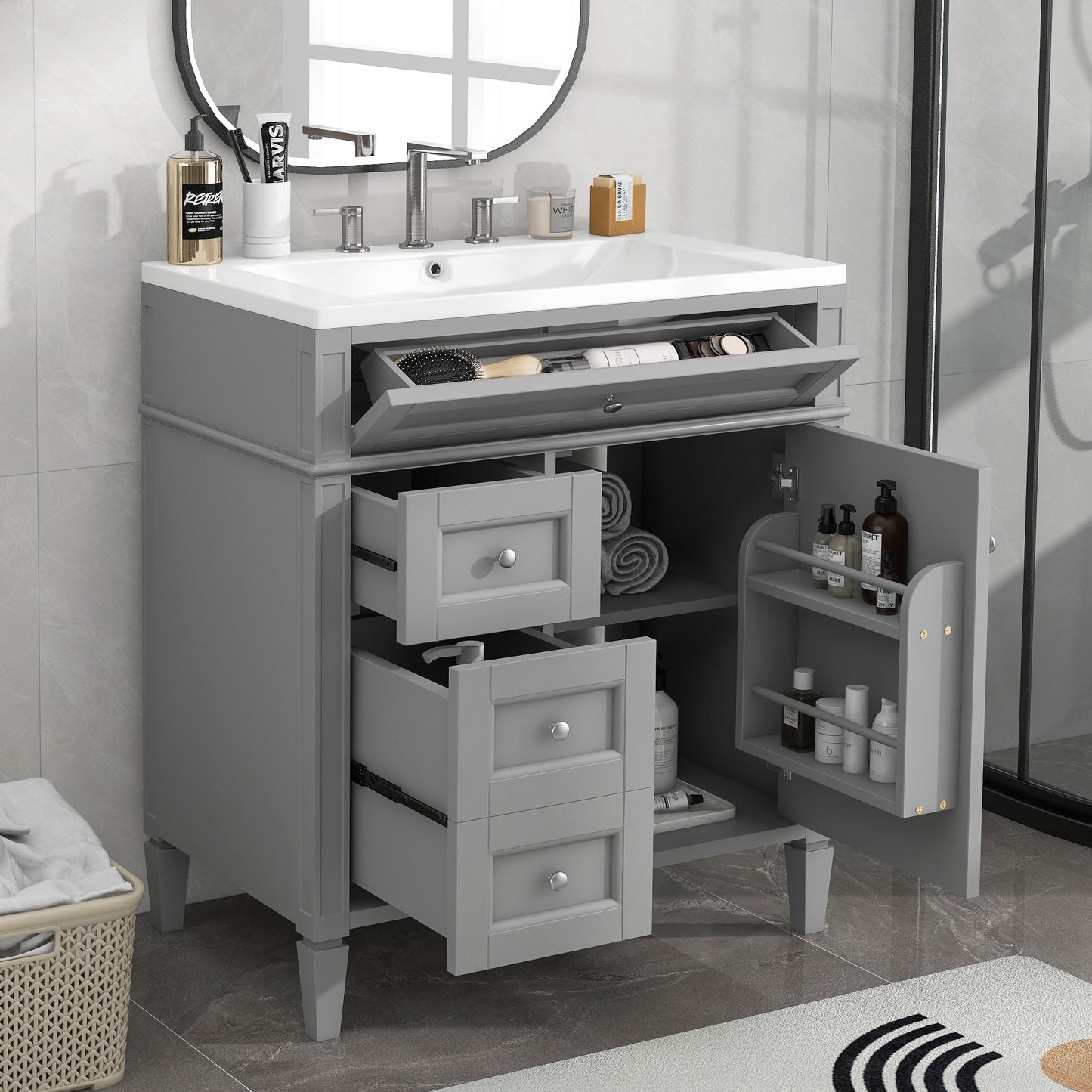 VanityFus 30-in Grey Single Sink Bathroom Vanity with Resin Top Undermount 1 Soft-Closing Door 3 Drawers Adjustable Shelves