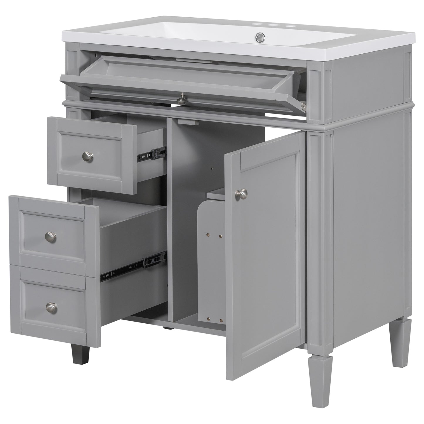 VanityFus 30-in Grey Single Sink Bathroom Vanity with Resin Top Undermount 1 Soft-Closing Door 3 Drawers Adjustable Shelves