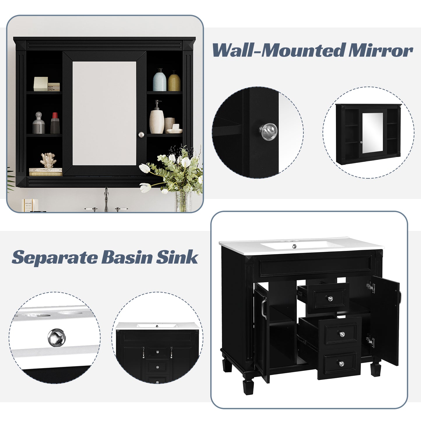 VanityFus 35.1-in Black Bathroom Vanity Single Sink Medicine Cabinet Combo with Ceramic Top Undermount 3 Soft Close Doors 2 Drawers (Mirror Included) Adjustable Shelves