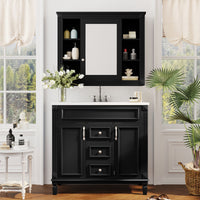 VanityFus 35.1-in Black Bathroom Vanity Single Sink Medicine Cabinet Combo with Ceramic Top Undermount 3 Soft Close Doors 2 Drawers (Mirror Included) Adjustable Shelves
