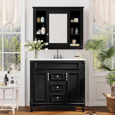 VanityFus 35.1-in Black Bathroom Vanity Single Sink Medicine Cabinet Combo with Ceramic Top Undermount 3 Soft Close Doors 2 Drawers (Mirror Included) Adjustable Shelves