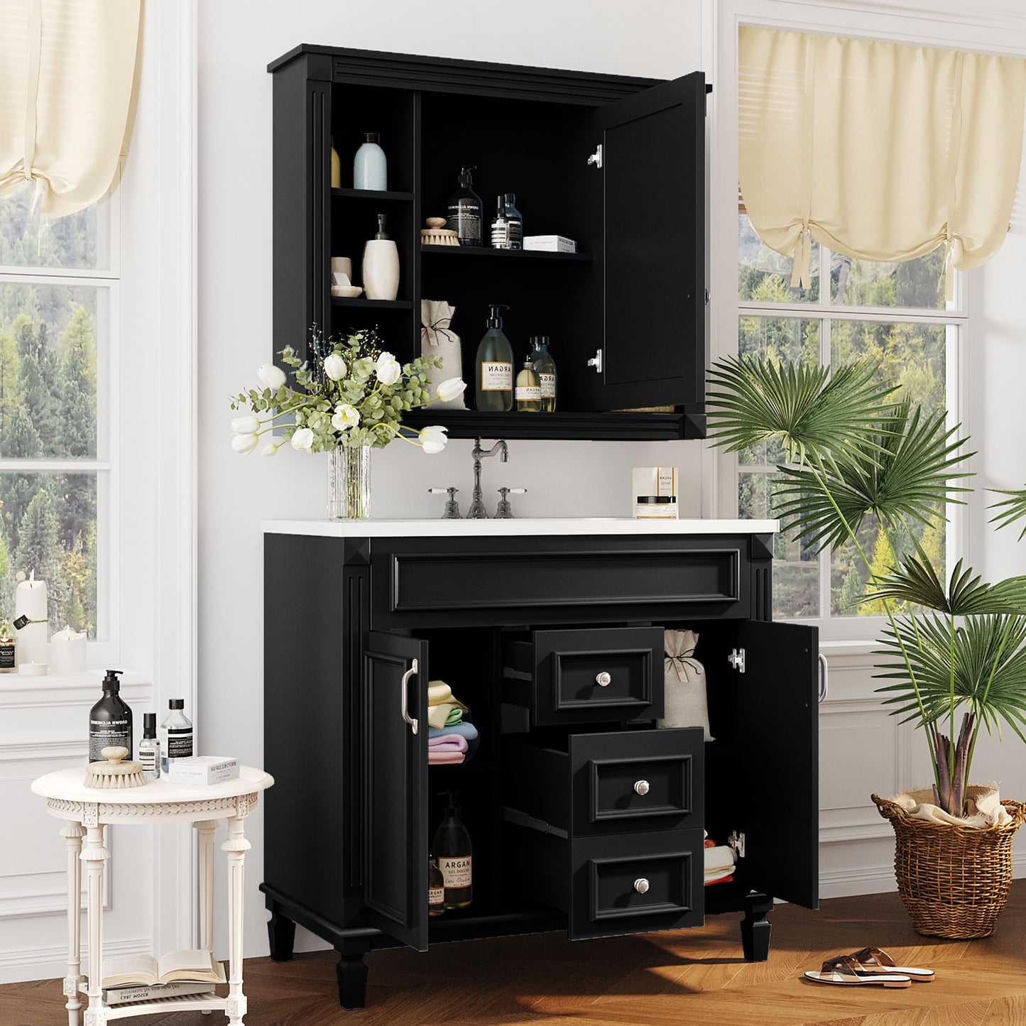 VanityFus 35.1-in Black Bathroom Vanity Single Sink Medicine Cabinet Combo with Ceramic Top Undermount 3 Soft Close Doors 2 Drawers (Mirror Included) Adjustable Shelves