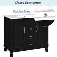 VanityFus 35.1-in Black Bathroom Vanity Single Sink Medicine Cabinet Combo with Ceramic Top Undermount 3 Soft Close Doors 2 Drawers (Mirror Included) Adjustable Shelves