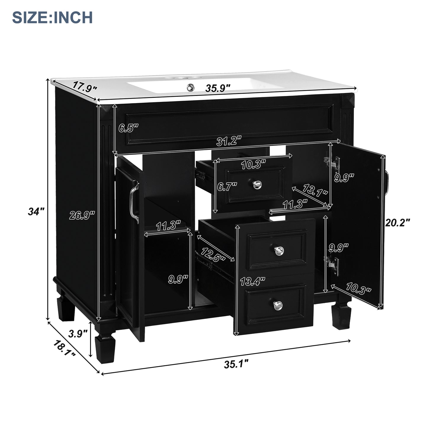 VanityFus 35.1-in Black Bathroom Vanity Single Sink Medicine Cabinet Combo with Ceramic Top Undermount 3 Soft Close Doors 2 Drawers (Mirror Included) Adjustable Shelves