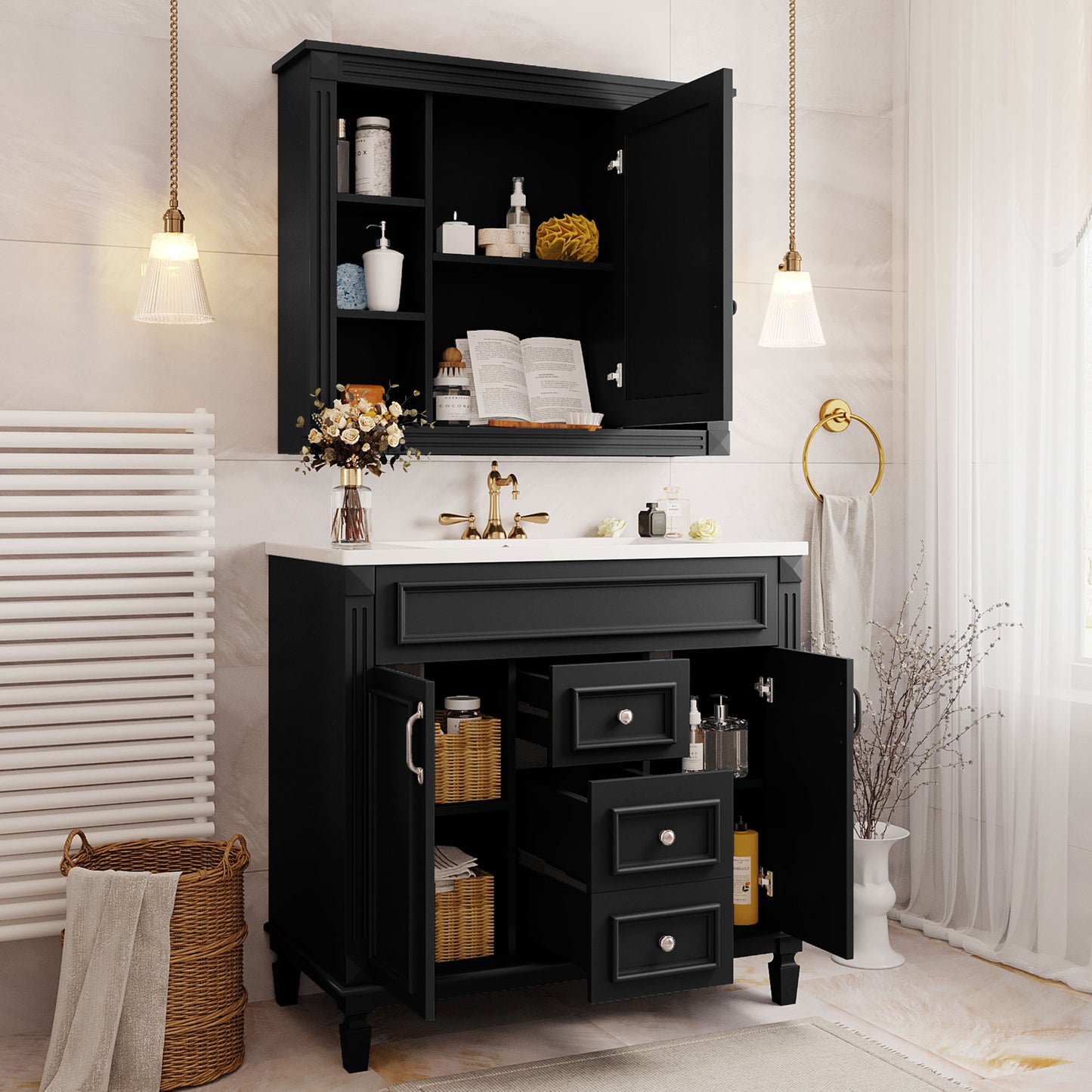 VanityFus 35.1-in Black Bathroom Vanity Single Sink Medicine Cabinet Combo with Ceramic Top Undermount 3 Soft Close Doors 2 Drawers (Mirror Included) Adjustable Shelves