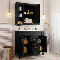 VanityFus 35.1-in Black Bathroom Vanity Single Sink Medicine Cabinet Combo with Ceramic Top Undermount 3 Soft Close Doors 2 Drawers (Mirror Included) Adjustable Shelves