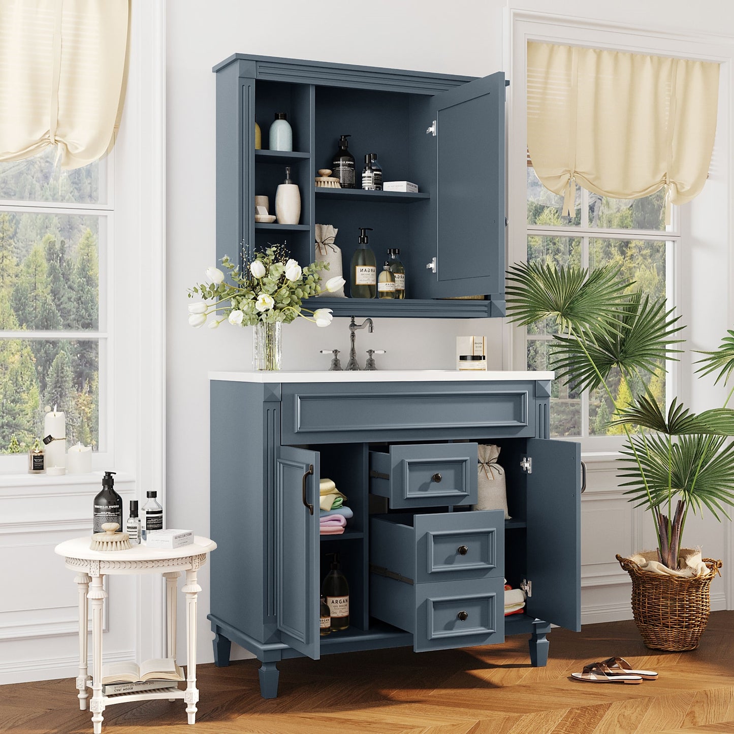 VanityFus 35.1-in Blue Bathroom Vanity Single Sink Medicine Cabinet Combo with Ceramic Top Undermount 3 Soft Close Doors 2 Drawers (Mirror Included) Adjustable Shelves