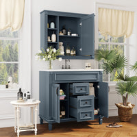 VanityFus 35.1-in Blue Bathroom Vanity Single Sink Medicine Cabinet Combo with Ceramic Top Undermount 3 Soft Close Doors 2 Drawers (Mirror Included) Adjustable Shelves