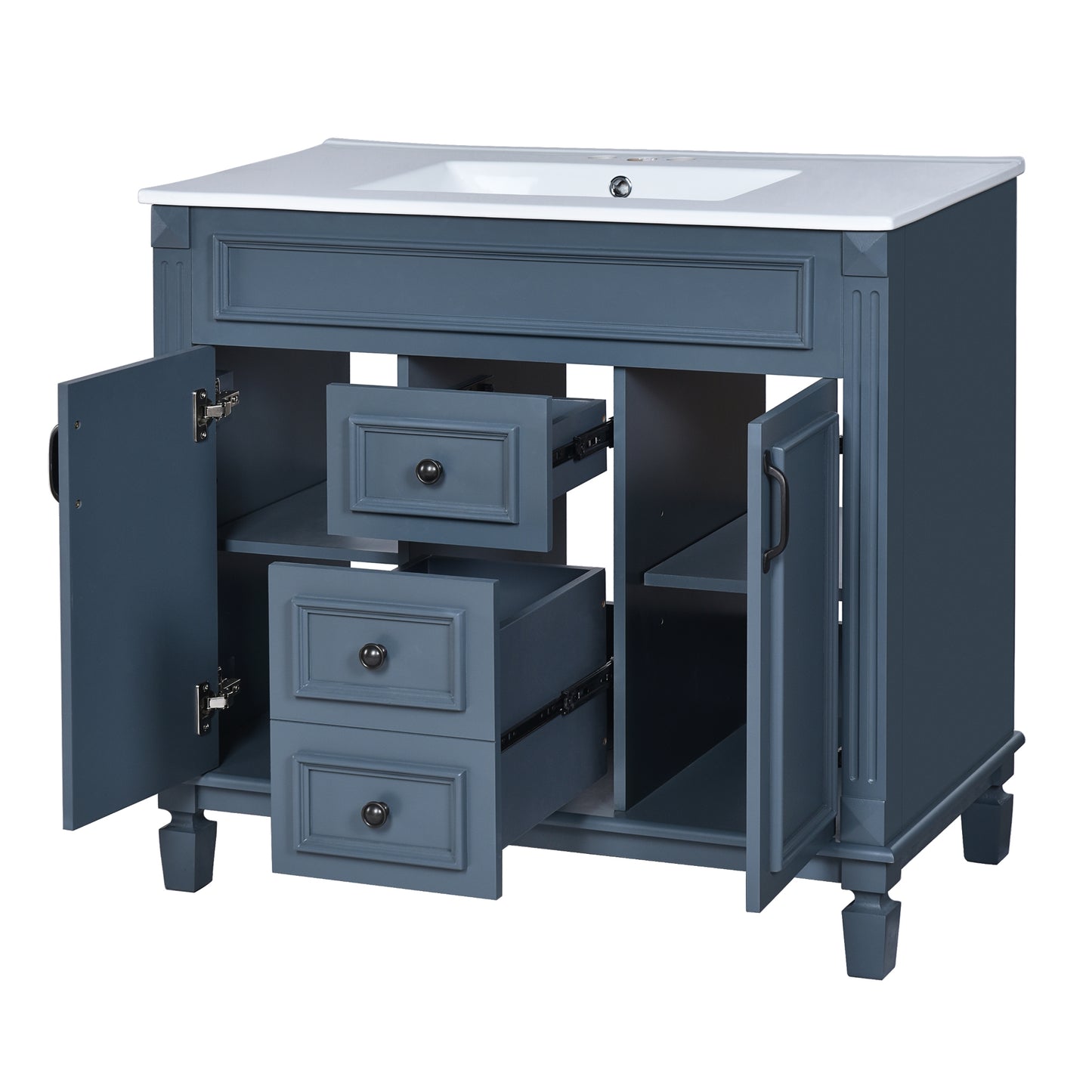 VanityFus 35.1-in Blue Bathroom Vanity Single Sink Medicine Cabinet Combo with Ceramic Top Undermount 3 Soft Close Doors 2 Drawers (Mirror Included) Adjustable Shelves