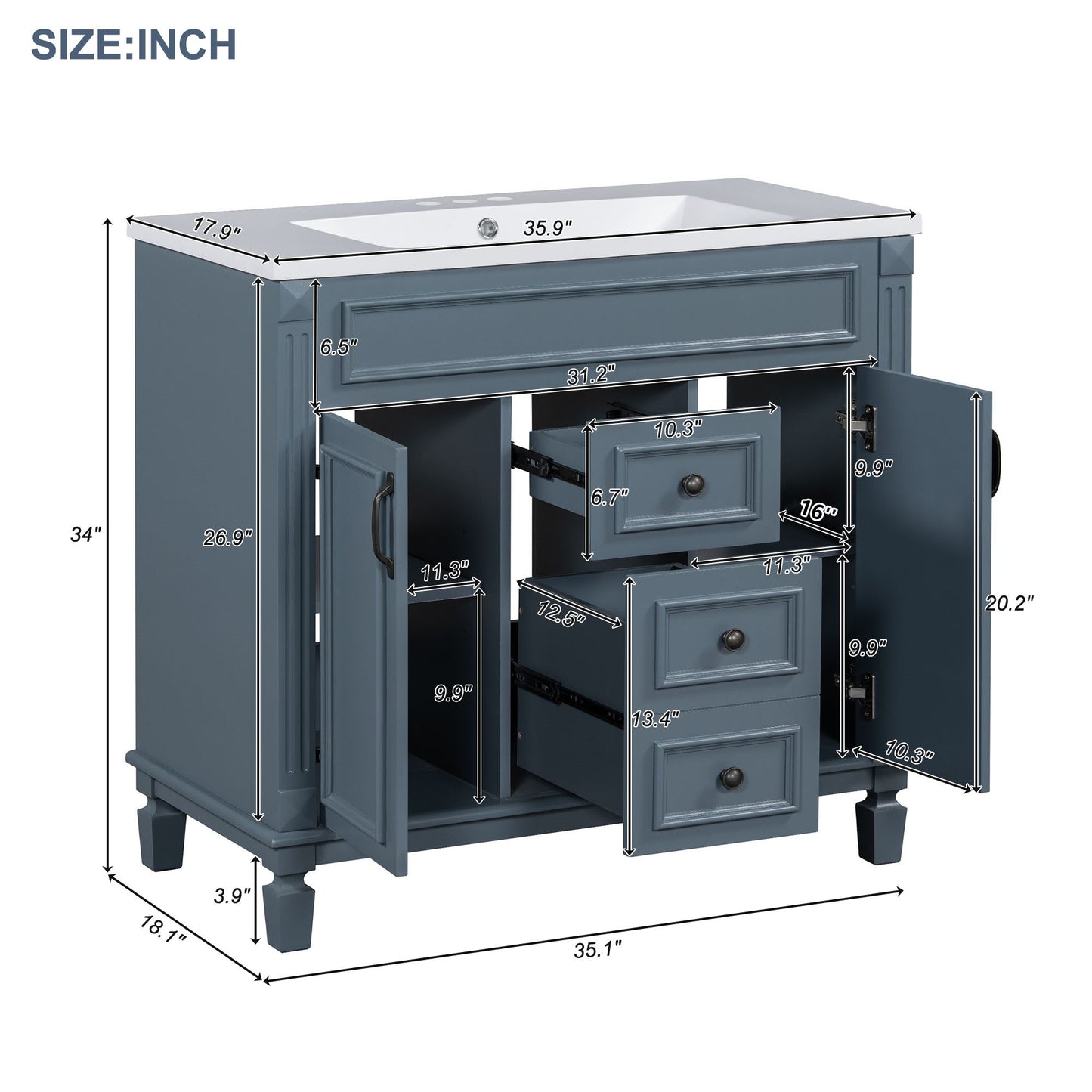 VanityFus 35.1-in Blue Bathroom Vanity Single Sink Medicine Cabinet Combo with Ceramic Top Undermount 3 Soft Close Doors 2 Drawers (Mirror Included) Adjustable Shelves