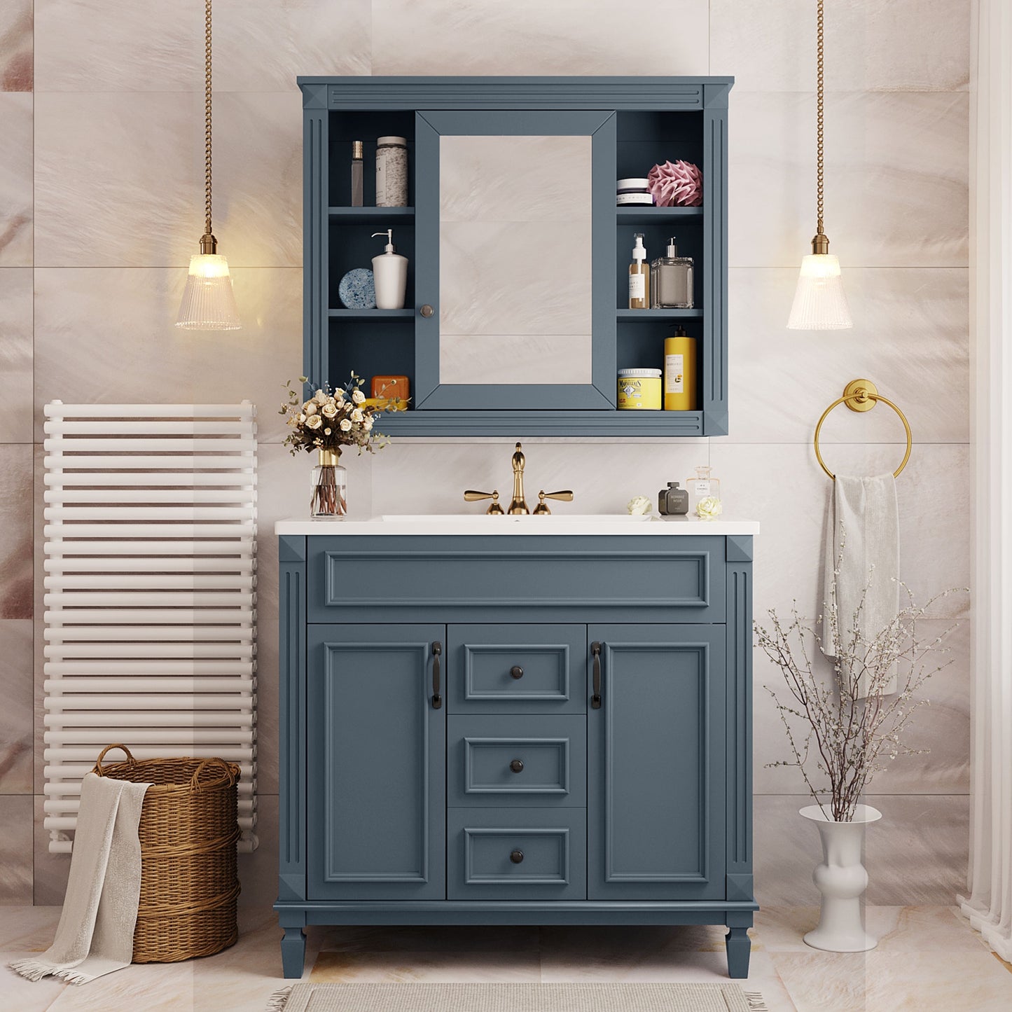 VanityFus 35.1-in Blue Bathroom Vanity Single Sink Medicine Cabinet Combo with Ceramic Top Undermount 3 Soft Close Doors 2 Drawers (Mirror Included) Adjustable Shelves
