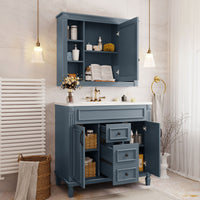 VanityFus 35.1-in Blue Bathroom Vanity Single Sink Medicine Cabinet Combo with Ceramic Top Undermount 3 Soft Close Doors 2 Drawers (Mirror Included) Adjustable Shelves