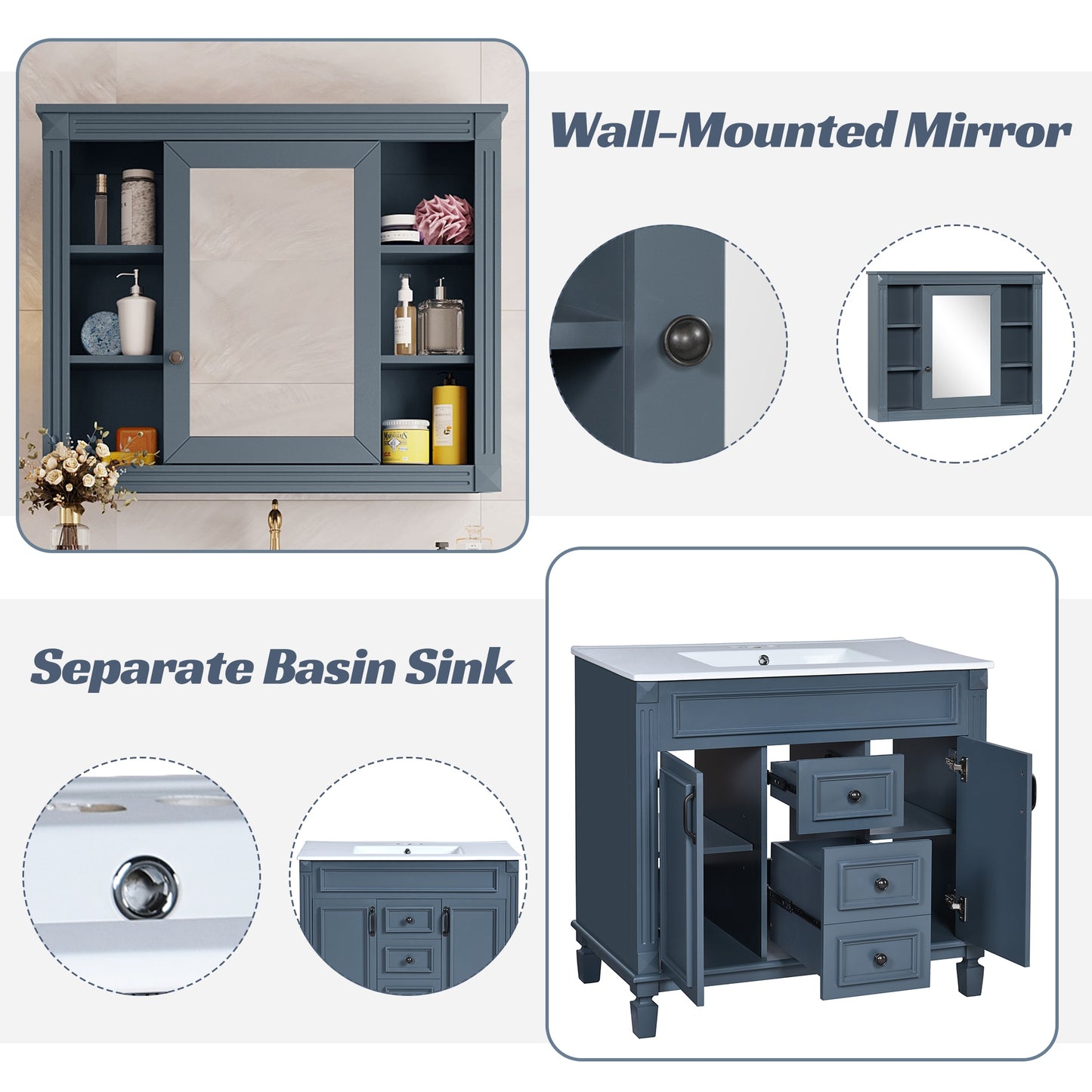 VanityFus 35.1-in Blue Bathroom Vanity Single Sink Medicine Cabinet Combo with Ceramic Top Undermount 3 Soft Close Doors 2 Drawers (Mirror Included) Adjustable Shelves
