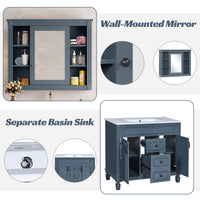 VanityFus 35.1-in Blue Bathroom Vanity Single Sink Medicine Cabinet Combo with Ceramic Top Undermount 3 Soft Close Doors 2 Drawers (Mirror Included) Adjustable Shelves