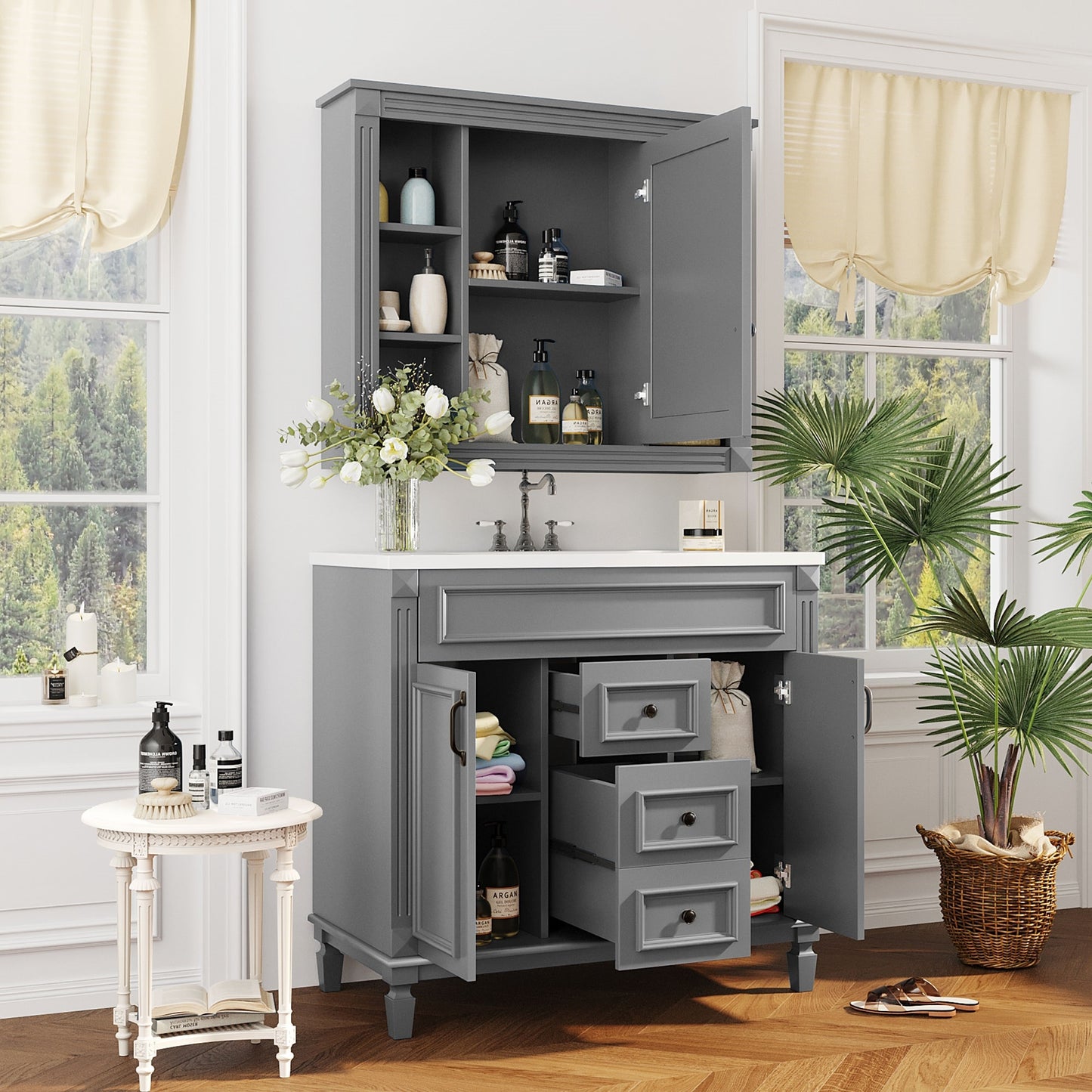 VanityFus 35.1-in Gray Bathroom Vanity Single Sink Combo with Ceramic Top Undermount 3 Soft Close Doors 2 Drawers Adjustable Shelves