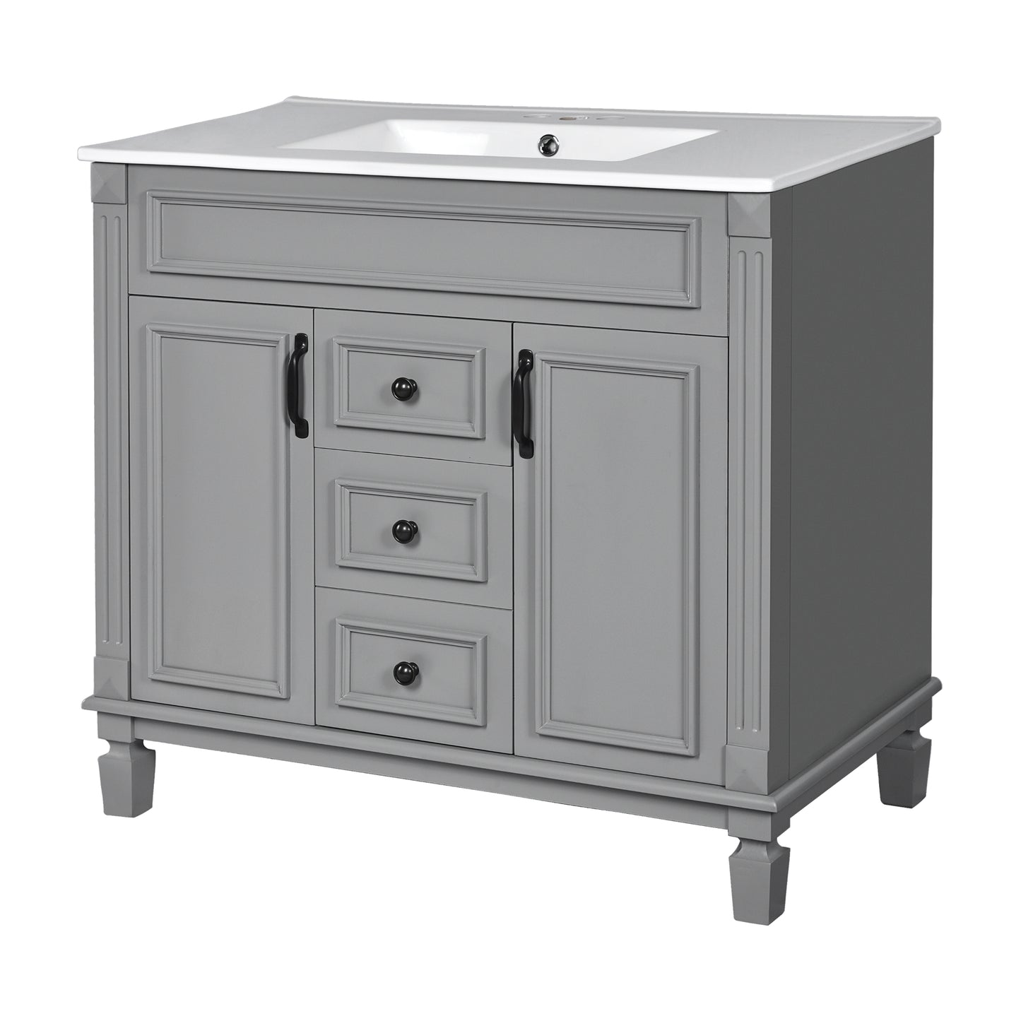 VanityFus 35.1-in Gray Bathroom Vanity Single Sink Combo with Ceramic Top Undermount 3 Soft Close Doors 2 Drawers Adjustable Shelves
