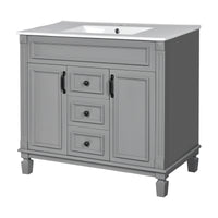 VanityFus 35.1-in Gray Bathroom Vanity Single Sink Combo with Ceramic Top Undermount 3 Soft Close Doors 2 Drawers Adjustable Shelves